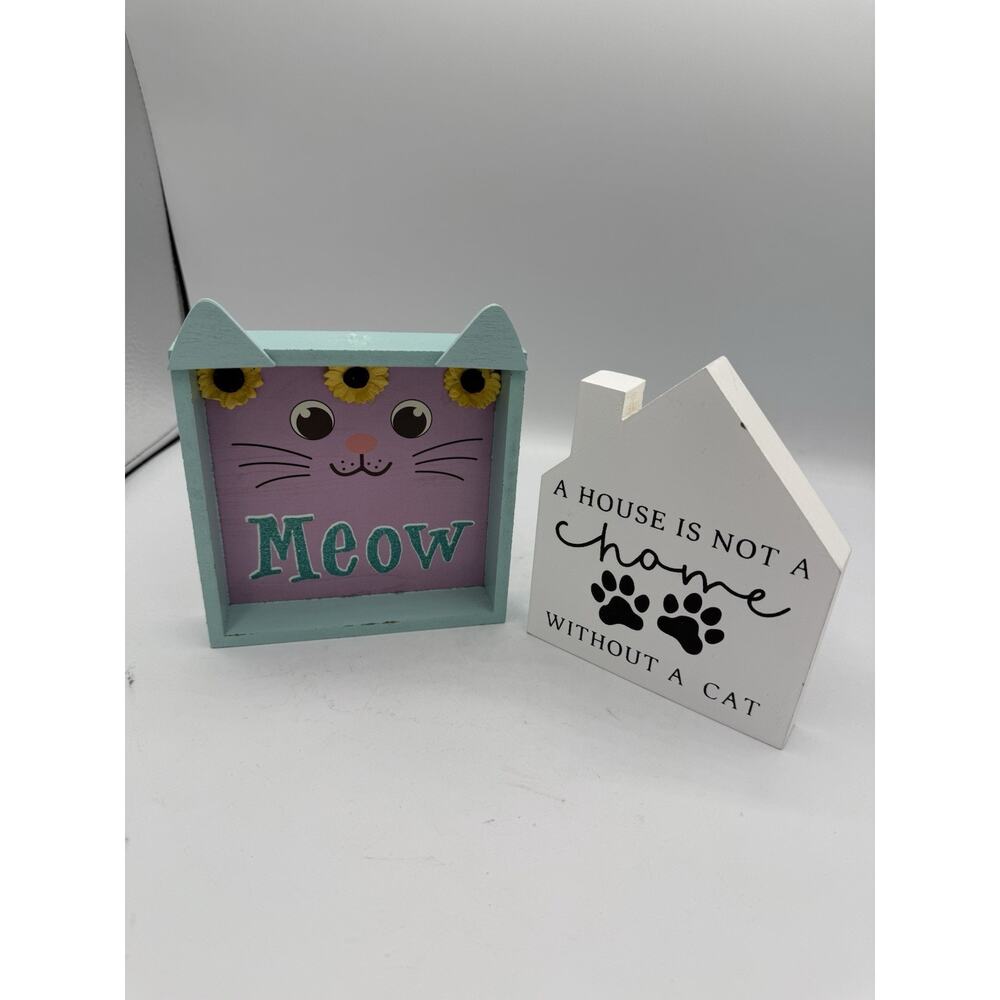 Cat Decor Sign Set Meow & “A House Is Not A Home Without A Cat” Wood Blocks